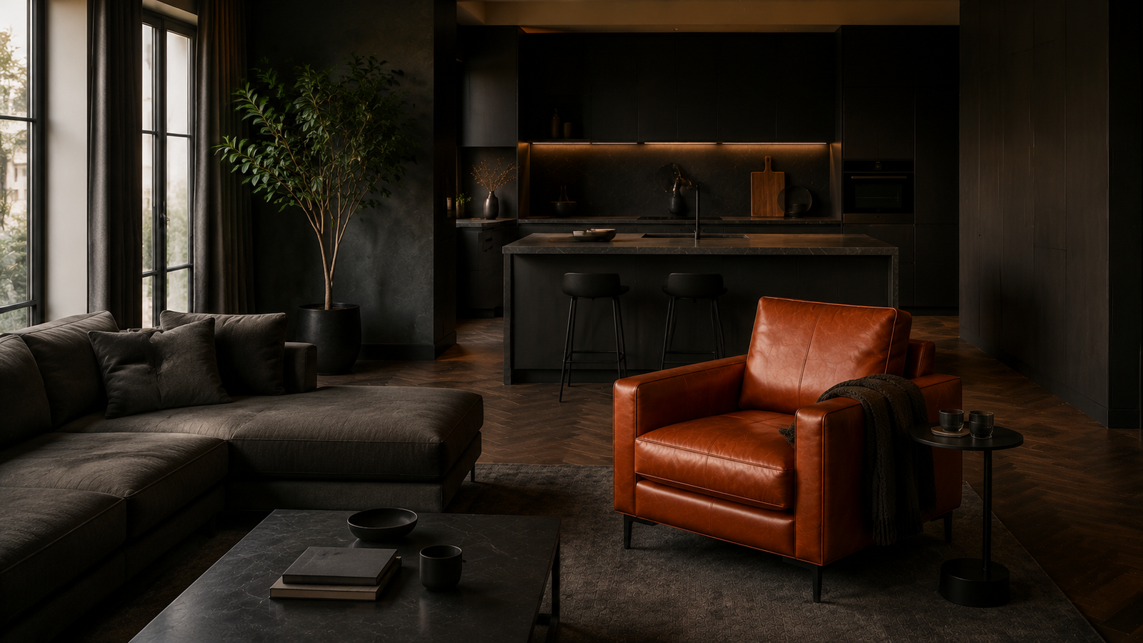 Butaca cognac entre salón y cocina