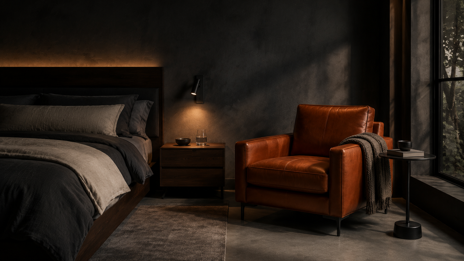 Rincón de pausa en dormitorio oscuro