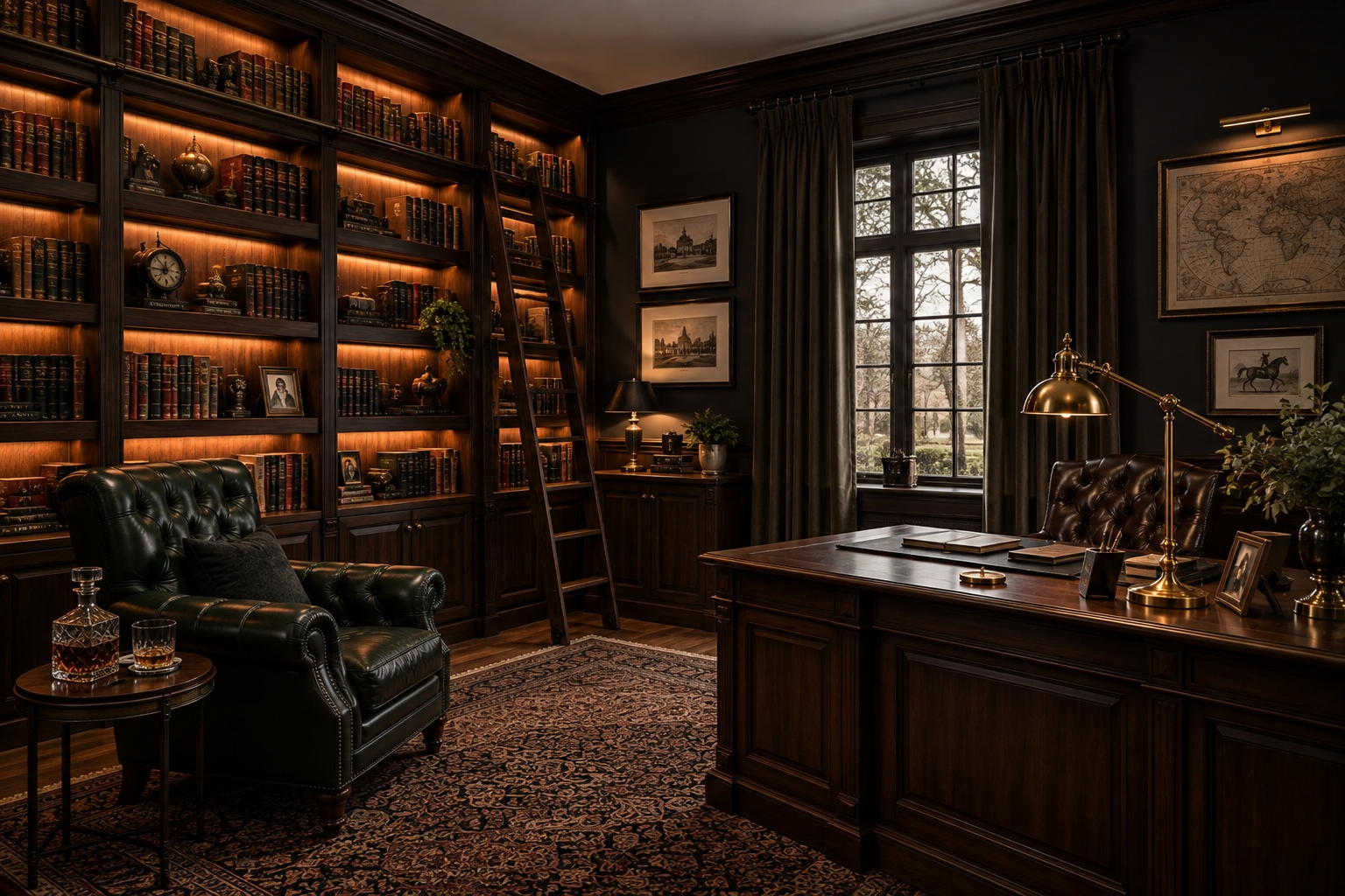 Biblioteca y despacho clásico de madera oscura visto desde otro ángulo
