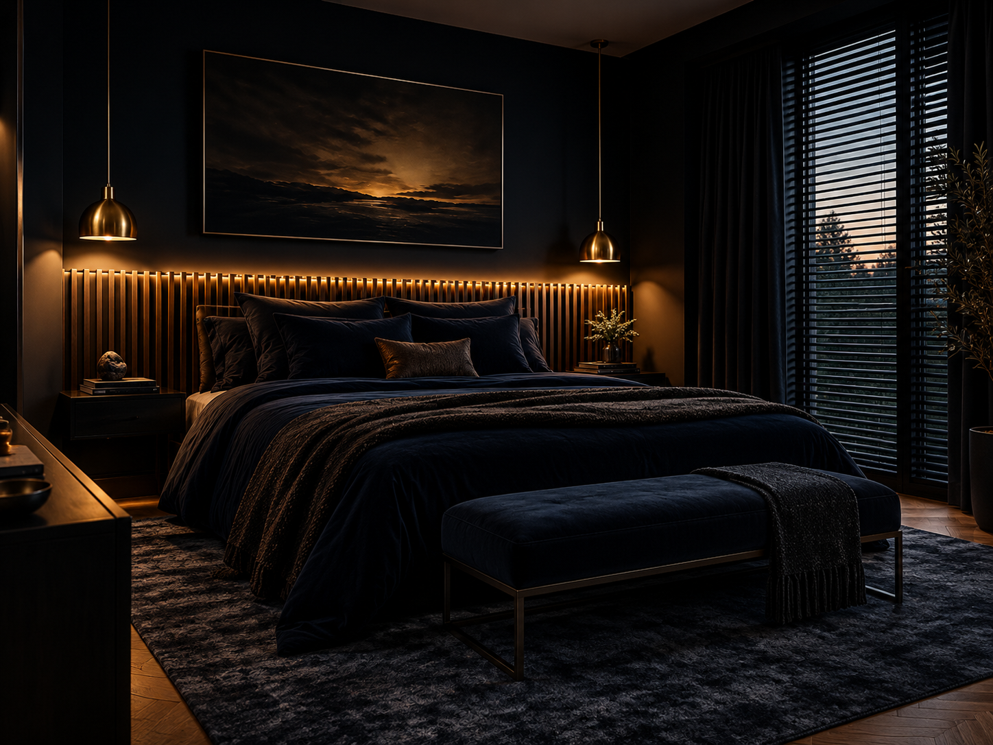 Dormitorio azul noche con madera y latón visto desde otro ángulo