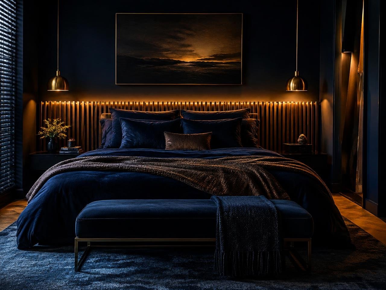 Dormitorio Eclipse: un dormitorio oscuro en azul noche, madera y latón