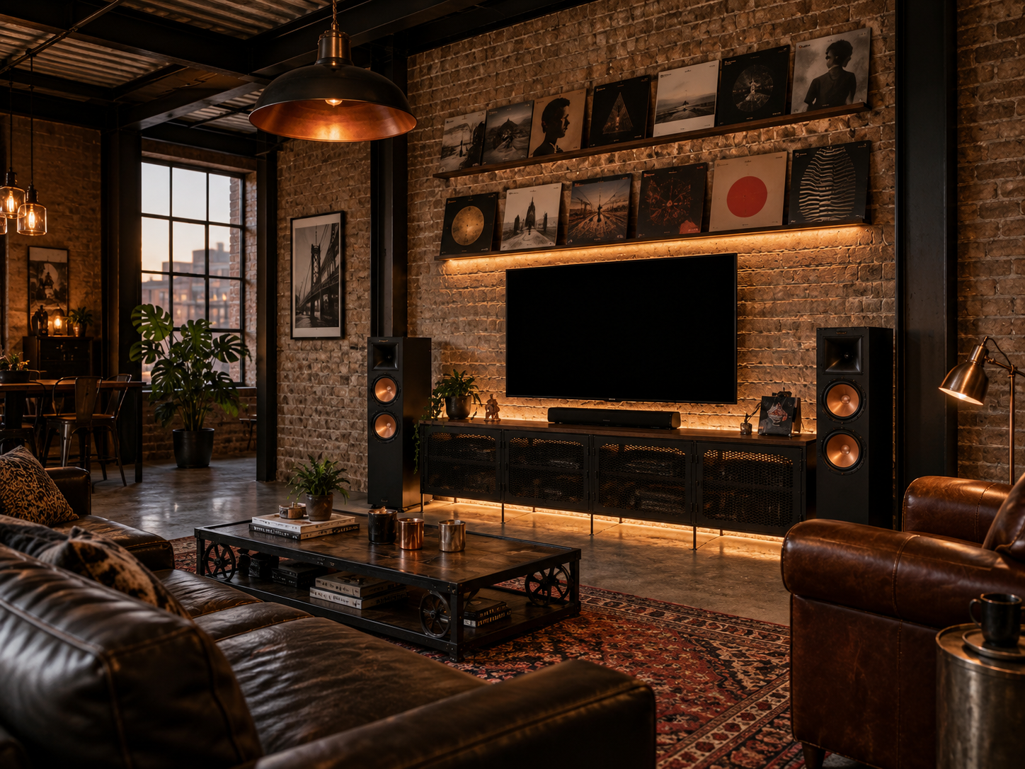 Salón industrial con muro de ladrillo, vinilos, cuero marrón y equipo de audio visto desde otro ángulo